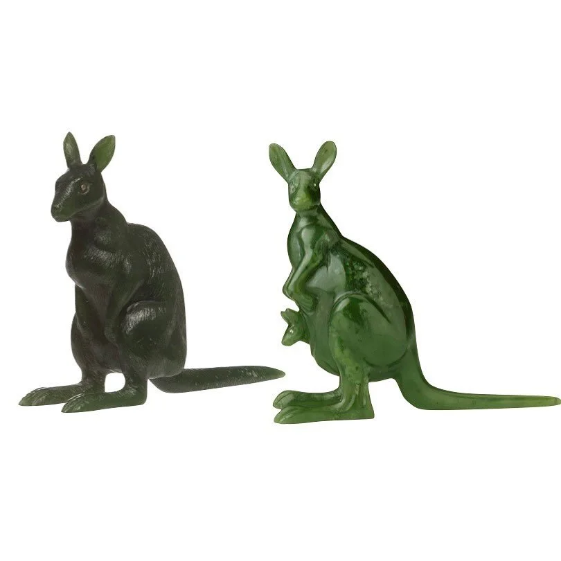 Two dark green carved kangaroos, one with a joey in its pouch.