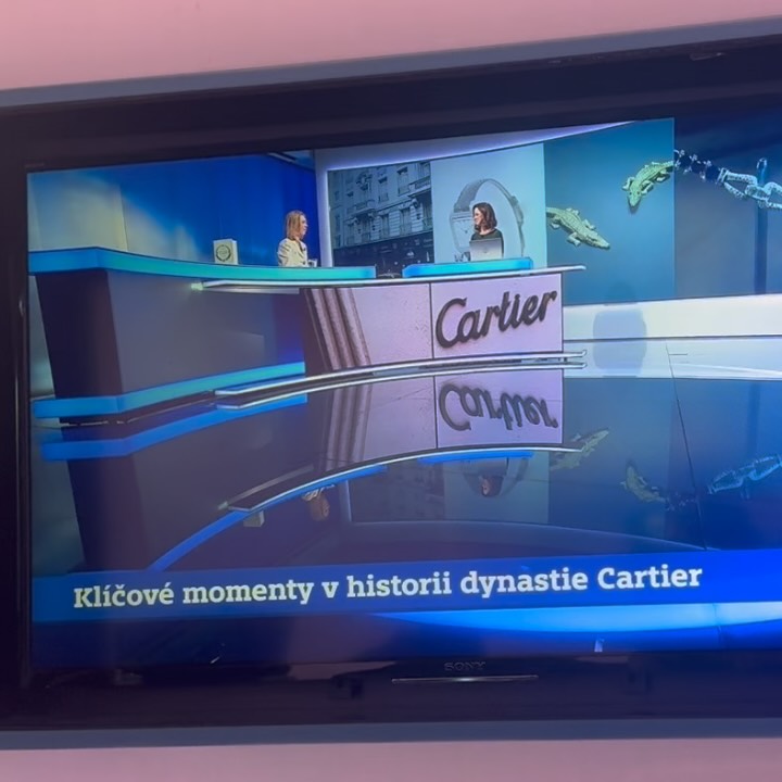 TV screen showing a news broadcast with Cartier logo, a watch, and green crocodile jewellery.