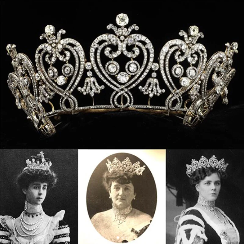 Ornate Edwardian diamond tiara featuring heart designs, displayed with three women wearing it.