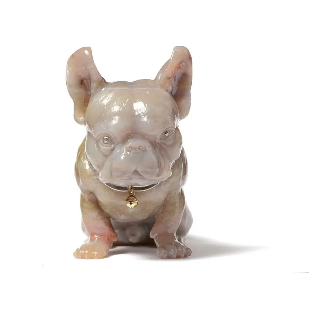 Carved agate French bulldog figurine with diamond eyes and a gold bell collar.