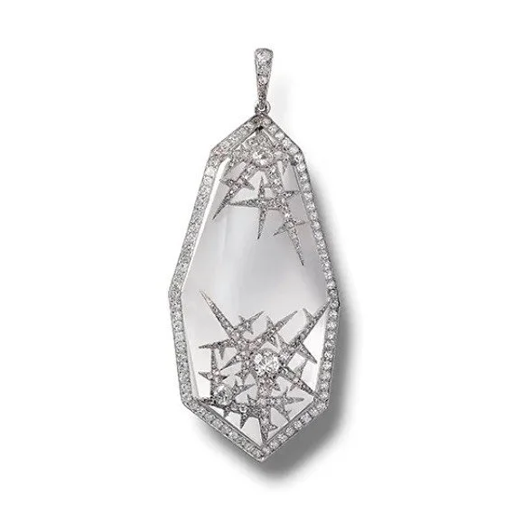 Art Deco Cartier platinum and diamond pendant with rock crystal and starbursts.