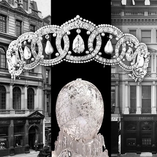Diamond and pearl tiara with drops, crystal Fabergé egg, vintage Cartier and Fabergé stores.