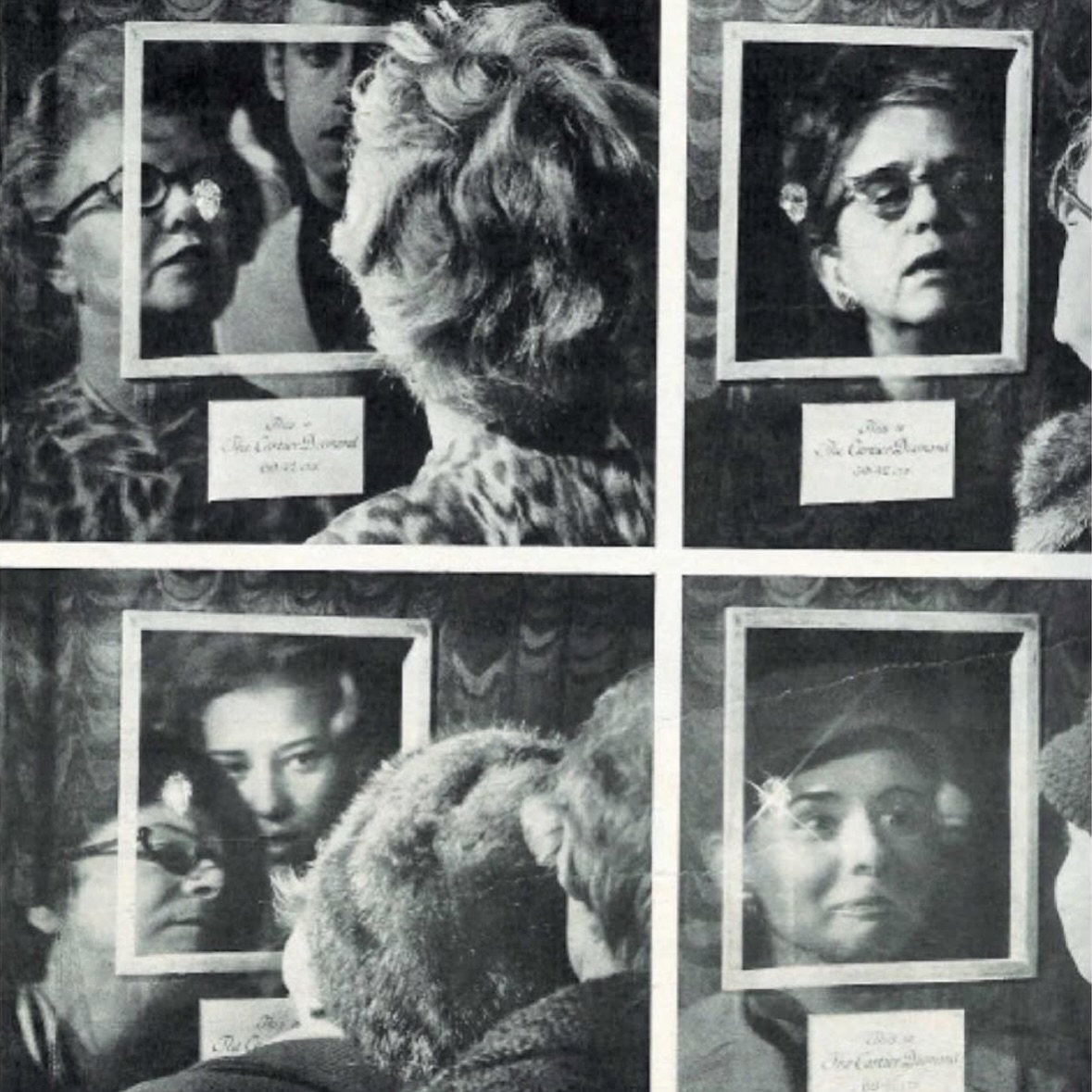 Visitors view four framed portraits of women, likely at a Cartier diamond exhibition.