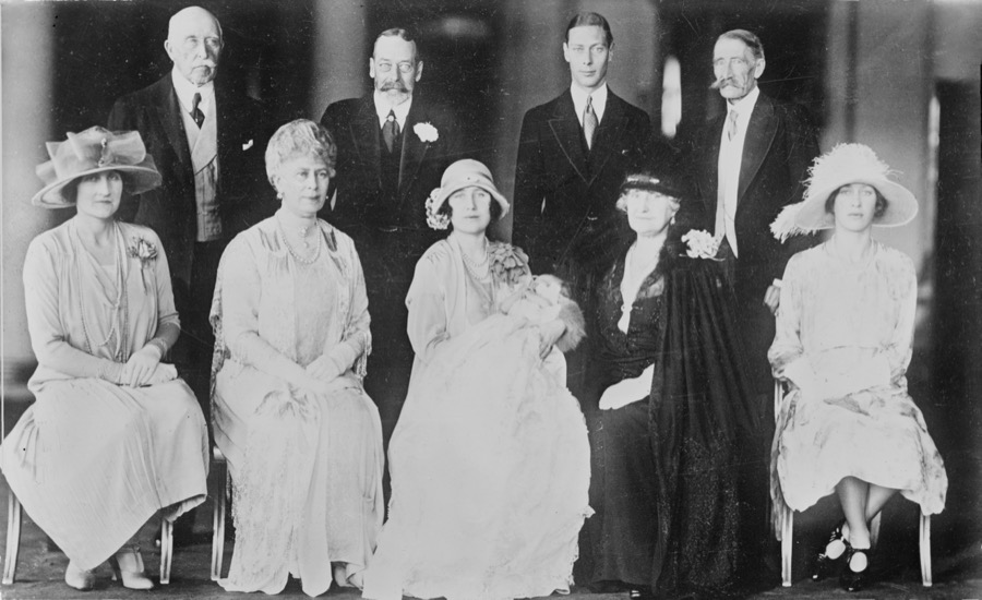 The British Royal Family at the christening of Princess Elizabeth, May 1926, including King George V and Queen Mary