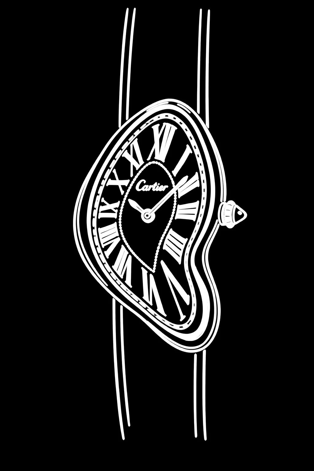 Line drawing of the Cartier Crash wristwatch, showing its distinctive warped asymmetric case
