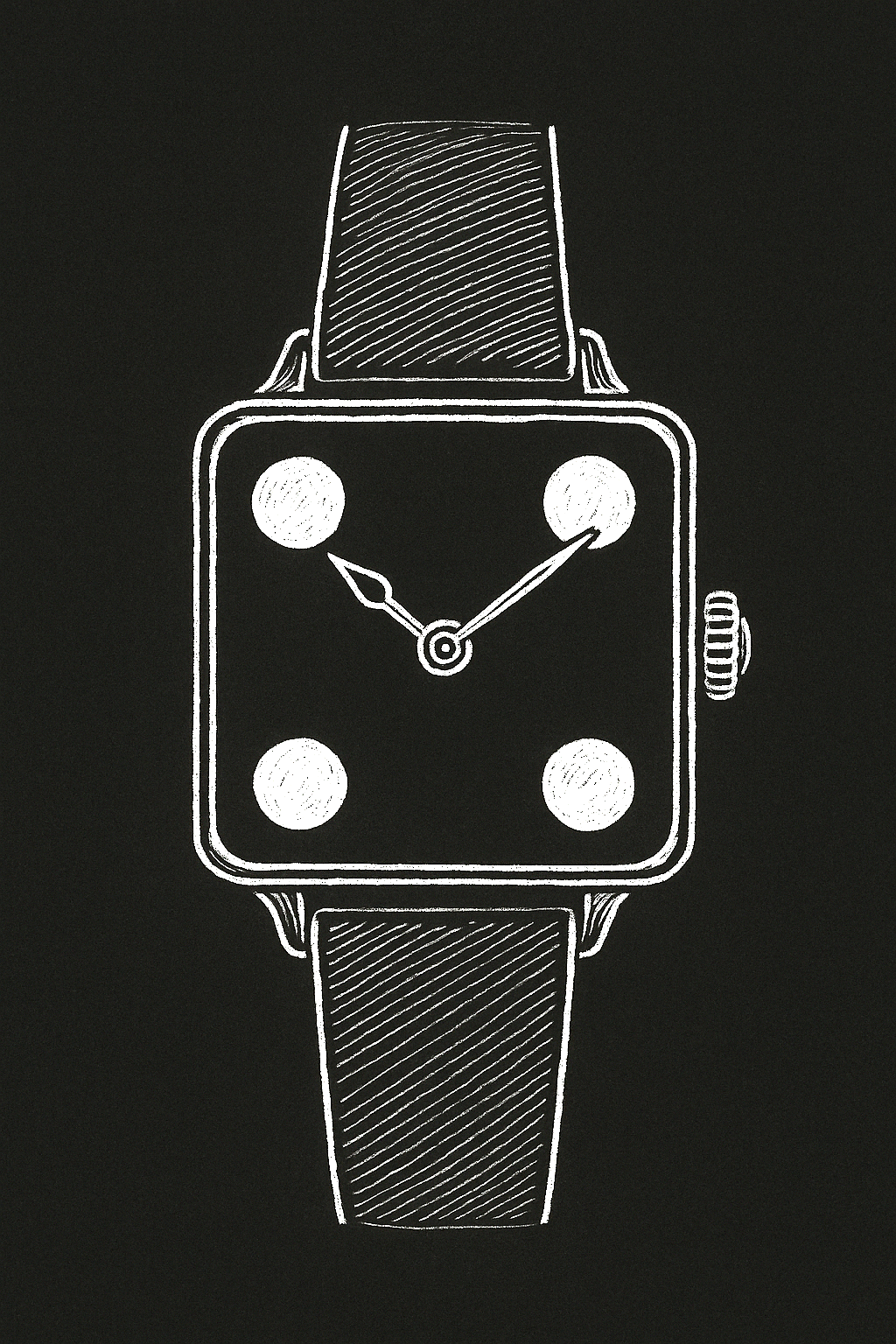 Line drawing of the Cartier Dice wristwatch, showing its square case with four circular apertures at the dial corners evoking a dice face