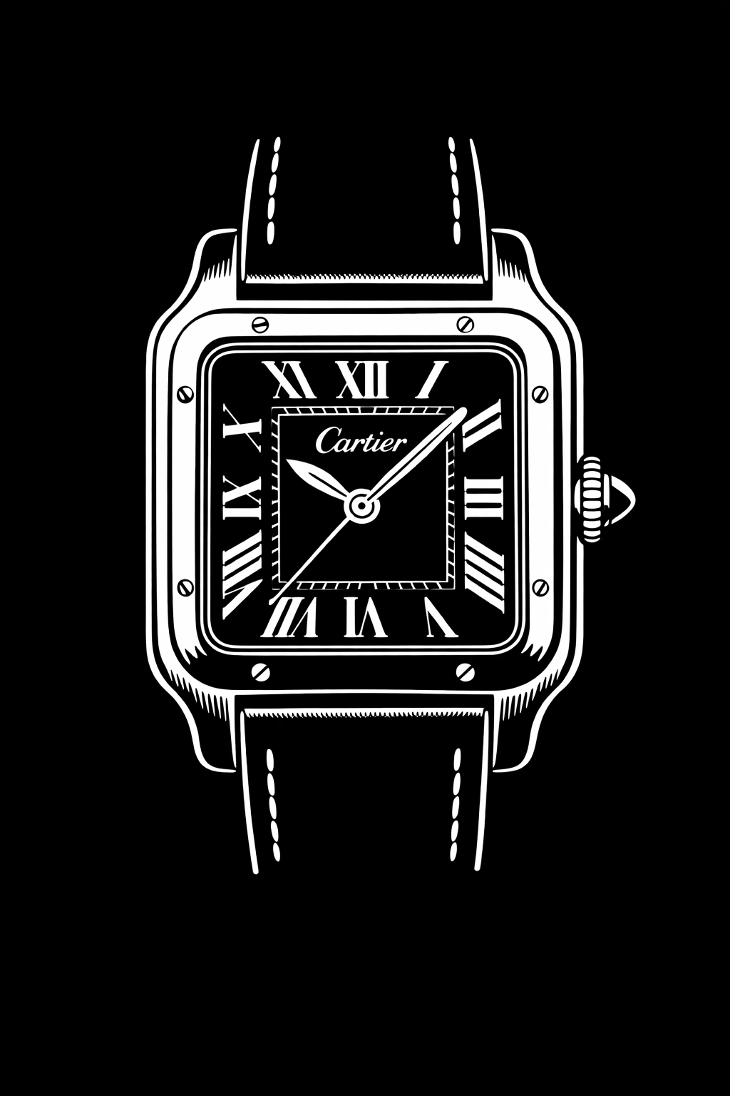 Line drawing of the Cartier Santos wristwatch, showing its square case with exposed screws on the bezel