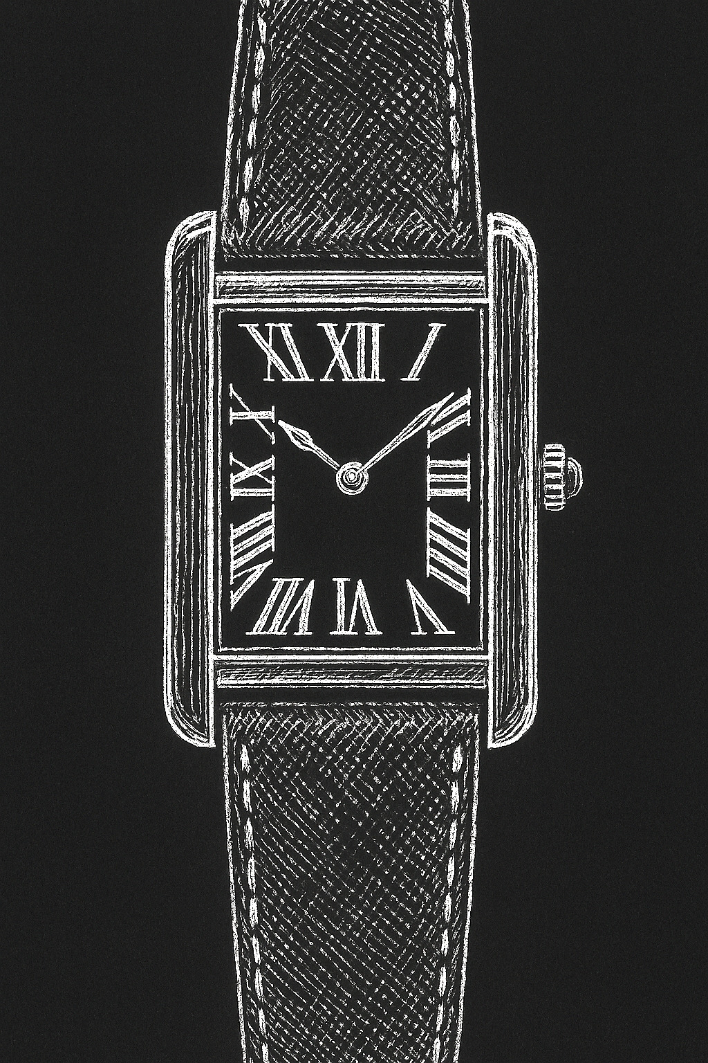 Line drawing of the Cartier Tank wristwatch, showing its characteristic rectangular case with parallel brancards