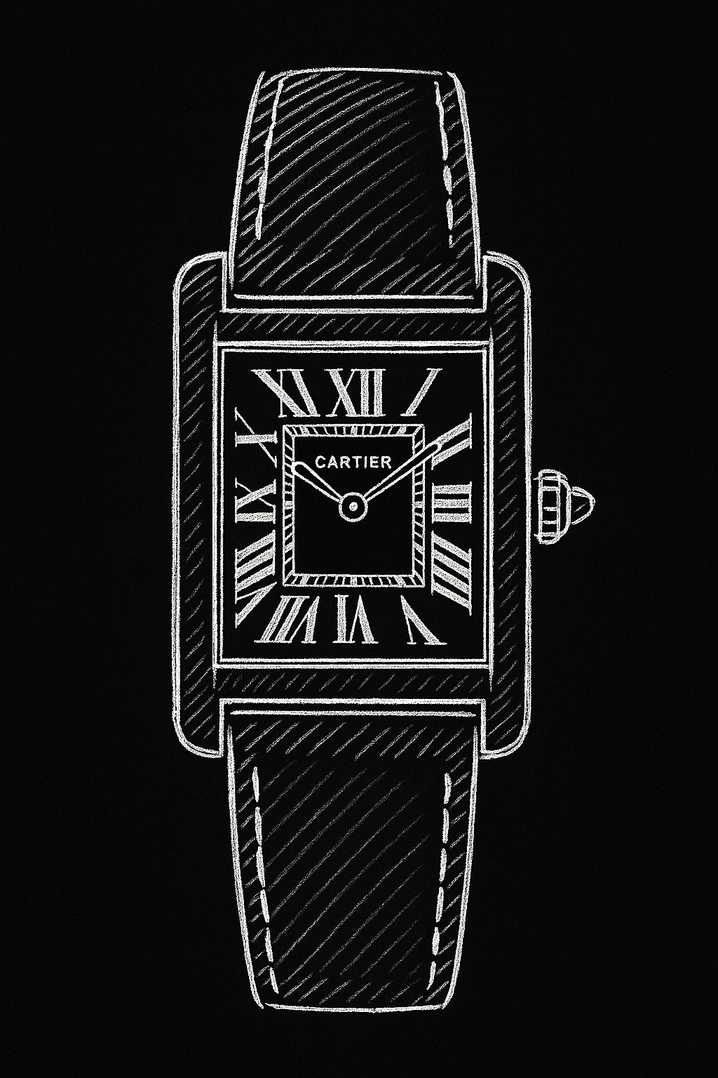 Blueprint illustration of Cartier tank
