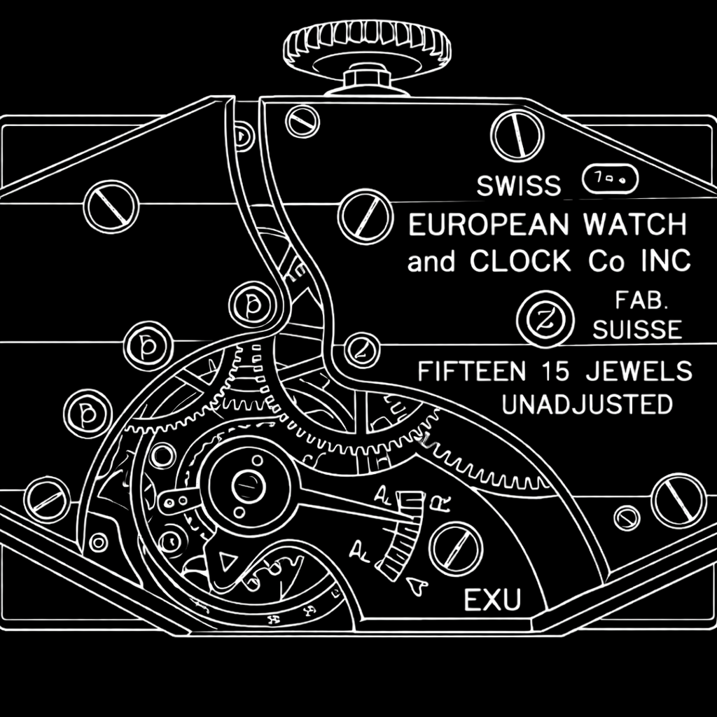 European Watch and Clock Co. Inc movement showing EWC signature, FAB. SUISSE, and EXU export code