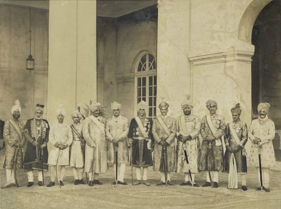 Group of Indian maharajas in formal regalia, early twentieth century