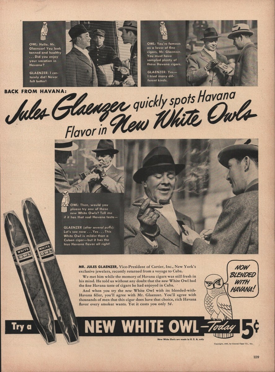 Jules Glaenzer in a vintage New White Owl cigar advertisement, c.1940s