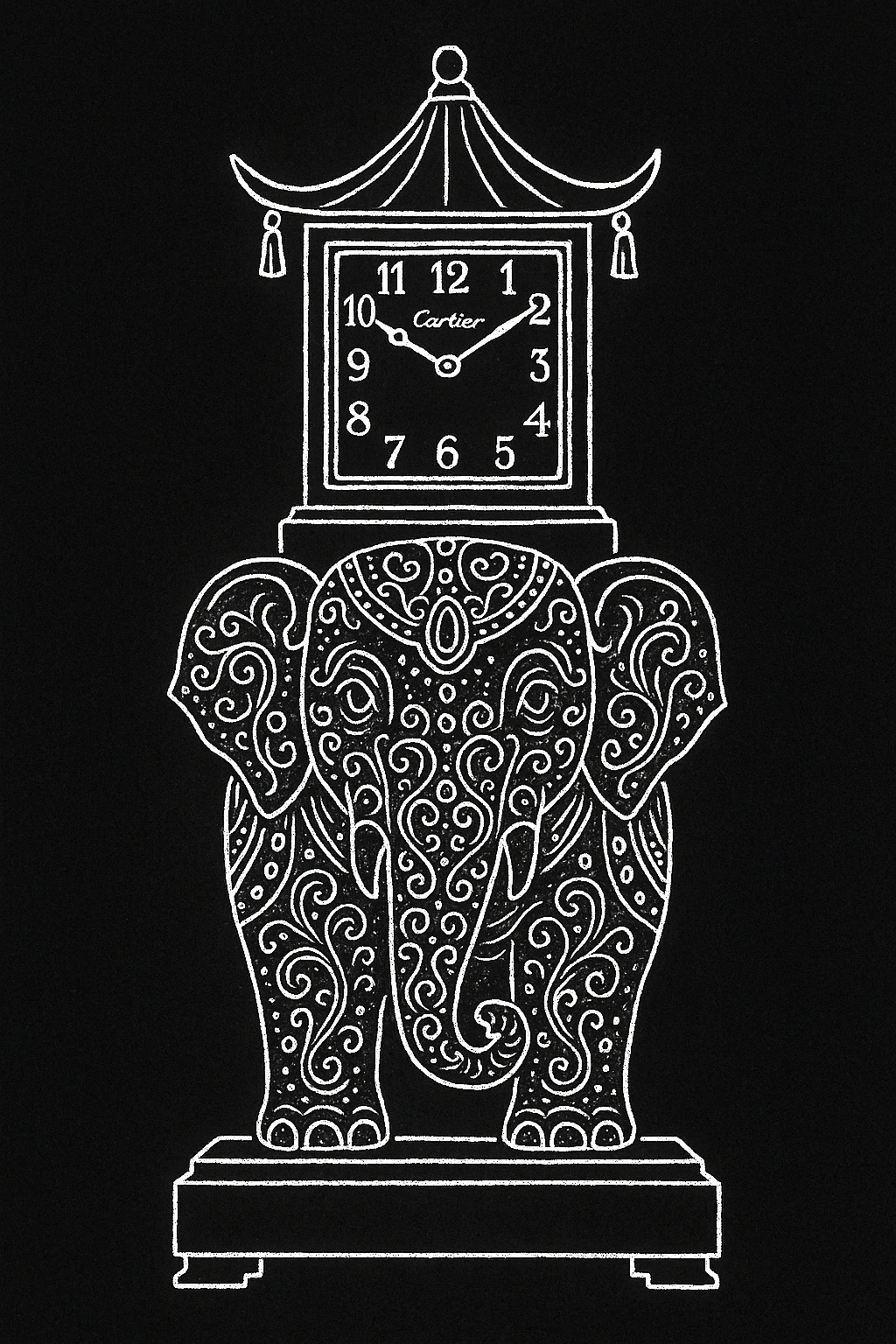 Illustration of a Cartier elephant mystery clock: carved jade elephant on a base carrying a pagoda-style clock on its back