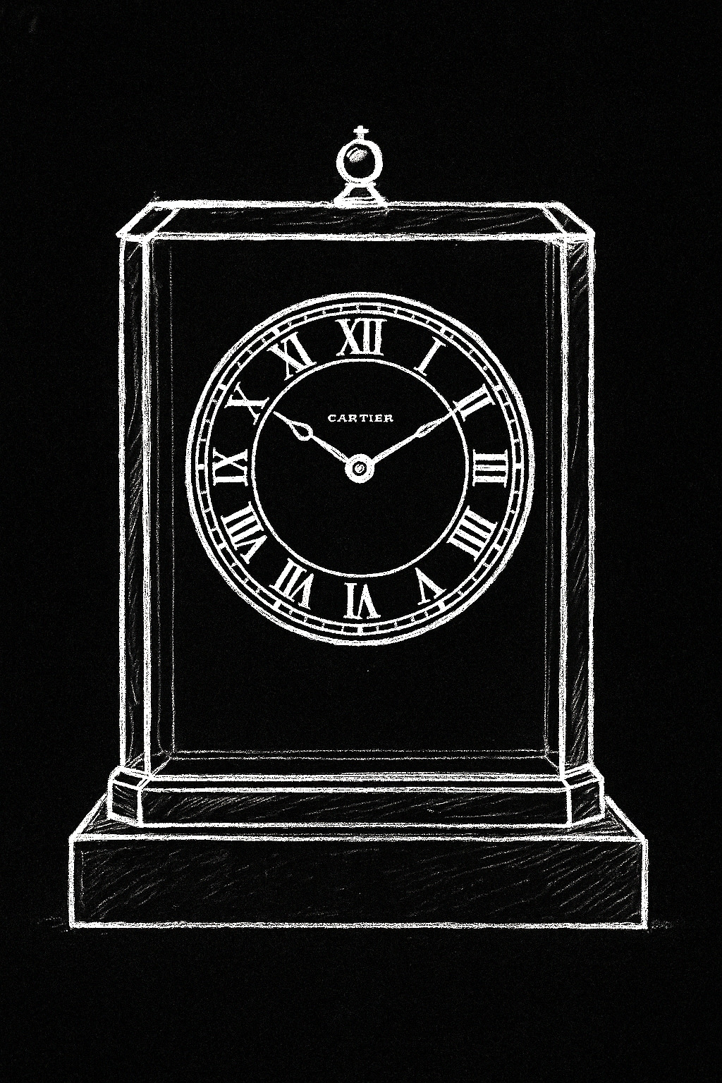 Illustration of a Cartier Model A mystery clock: transparent rock crystal case on a solid base with a floating dial