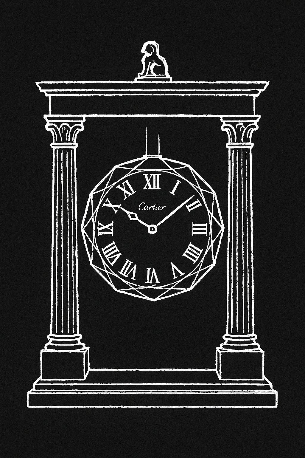 Illustration of a Cartier Portique mystery clock: two tall columns supporting a horizontal lintel with a transparent crystal disc suspended between them
