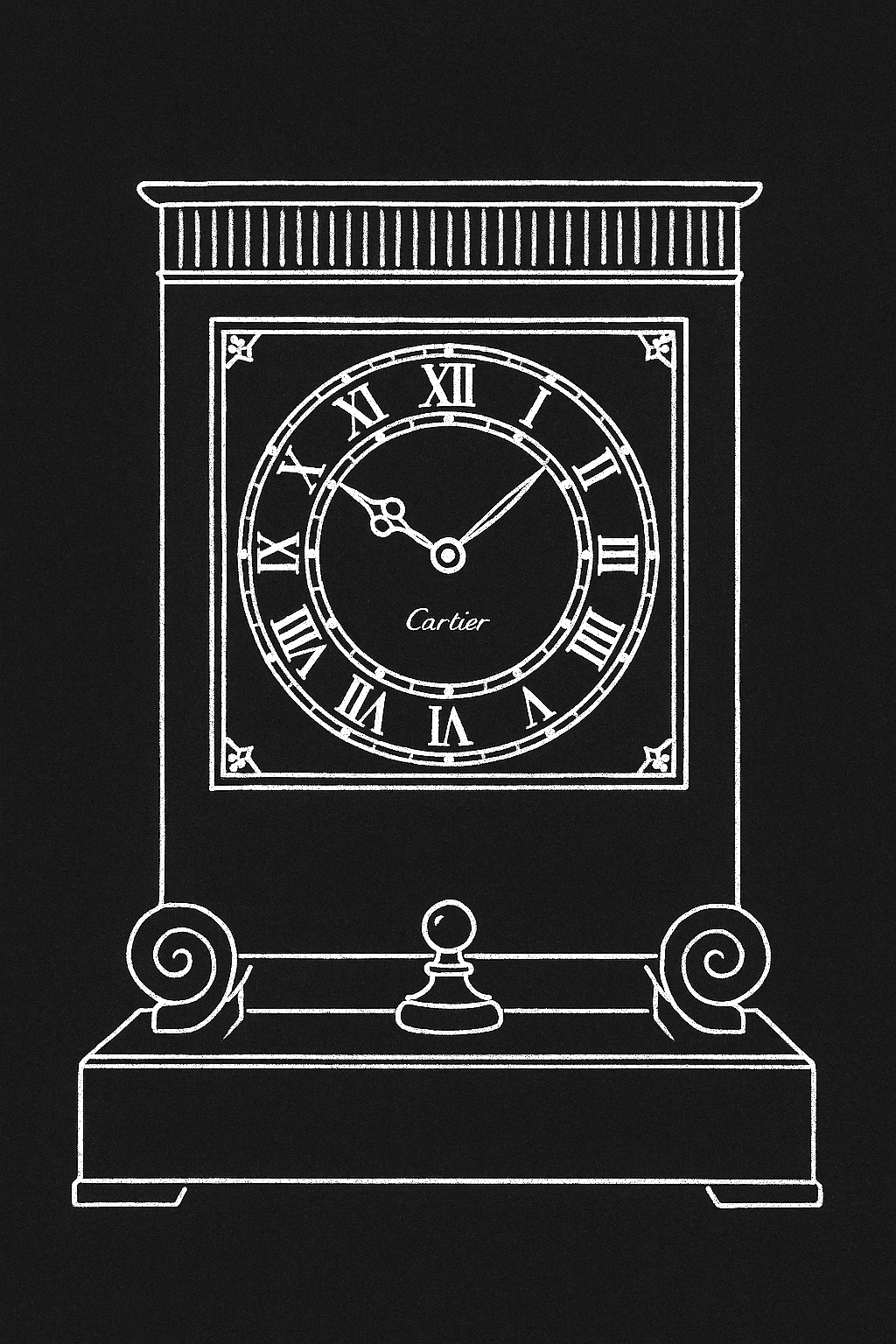 Illustration of a Cartier Enseigne (Screen) mystery clock: a flat rectangular panel with fluted bands and circular dial on scroll supports above a solid base