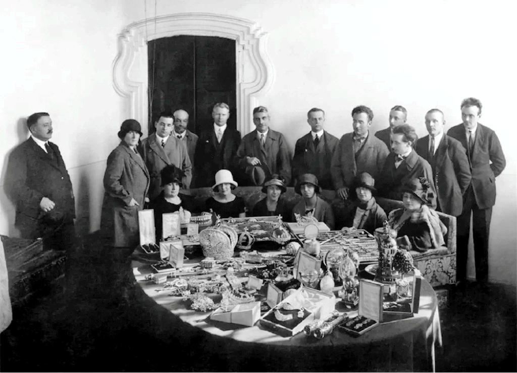 The Soviet state jewel commission examining confiscated Romanov jewels, c.1920s