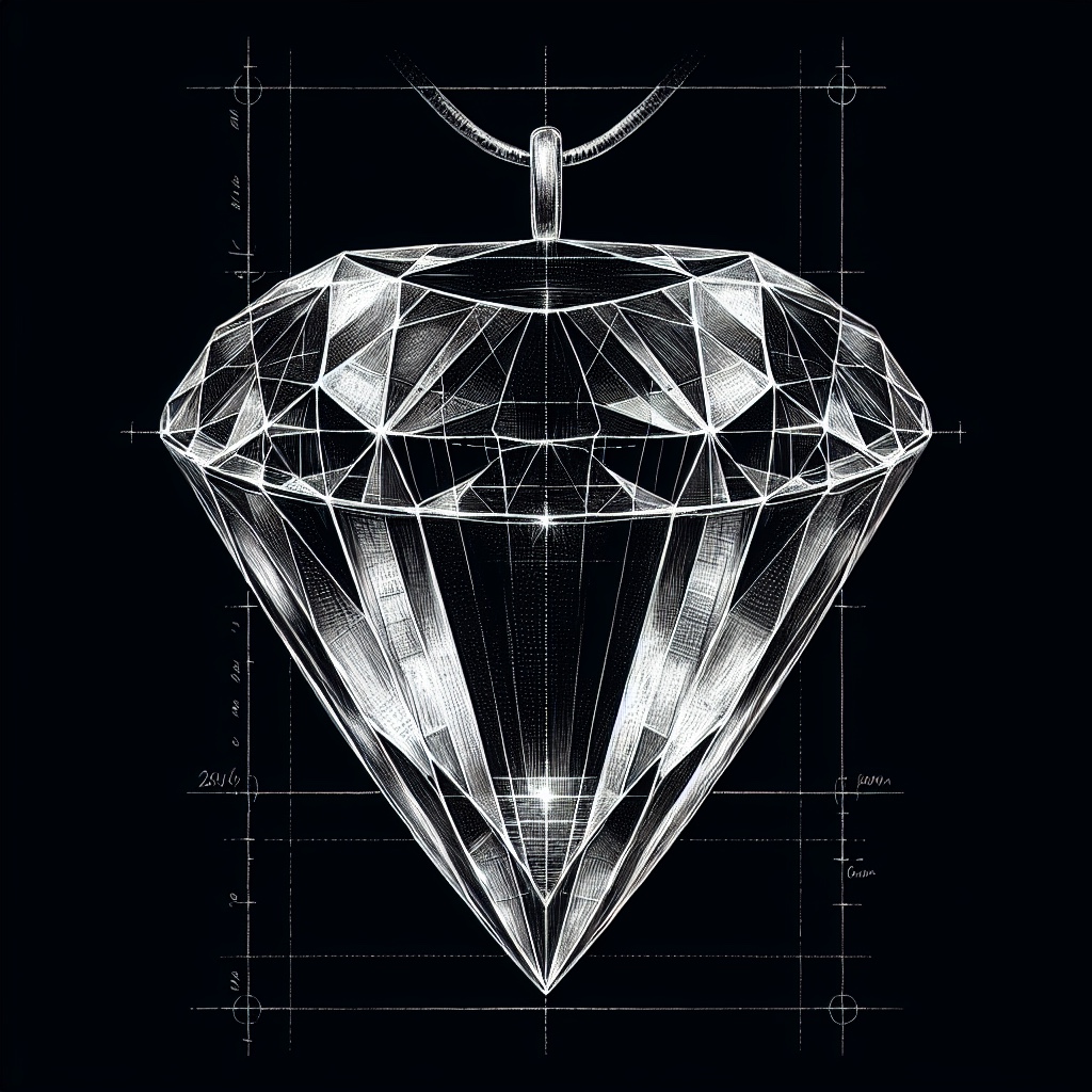 Blueprint illustration of the Taylor-Burton Diamond, a 69.42-carat pear-shaped diamond, shown as a pendant