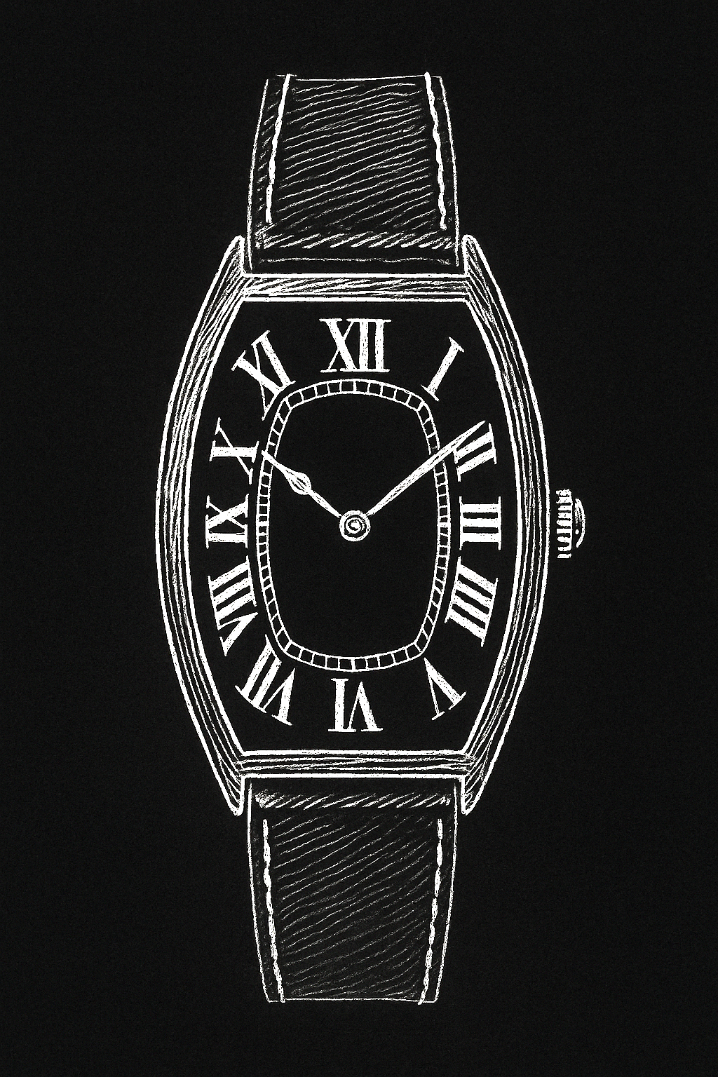 Line drawing of the Cartier Tonneau wristwatch, showing its characteristic barrel-shaped case
