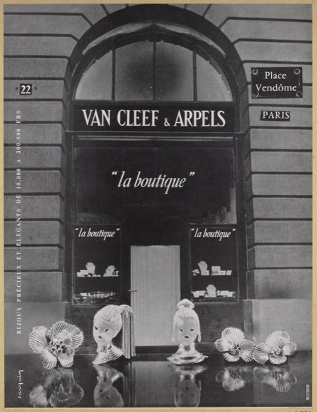Van Cleef & Arpels advertisement for their boutique at 22 Place Vendôme, Paris, 1956 — one of Cartier's near neighbours and competitors on the Place